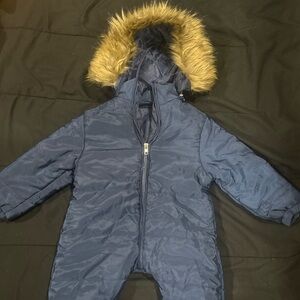 Blue Hooded Baby Snowsuit with Fur Trim